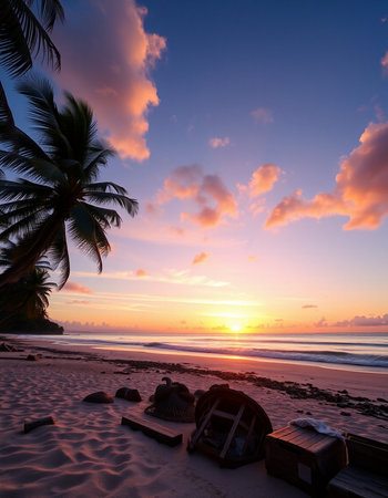 Beautiful sunset on the beach with palm trees in the foreground.の写真素材