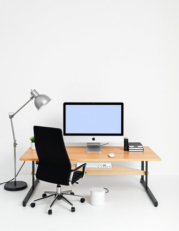 Modern workplace with computer on white background. 3D rendering. Mock up.の写真素材