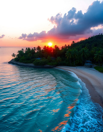 Aerial view of beautiful tropical beach and sea with coconut palm tree at sunset time for travel and...