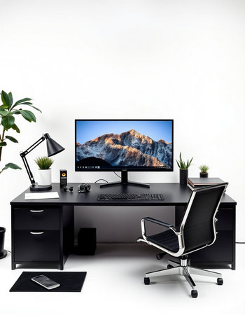 Modern workplace with computer on white background. 3d rendering. Computer monitor.の写真素材