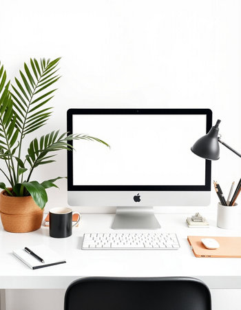 Modern workplace with blank screen computer, coffee cup, stationery and plant on white table