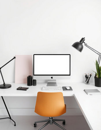 Modern workspace with blank computer screen, supplies and decorations. Mock up, 3D Rendering