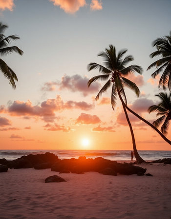 Beautiful tropical beach with coconut palm tree at sunset time - Holiday Vacation conceptの写真素材