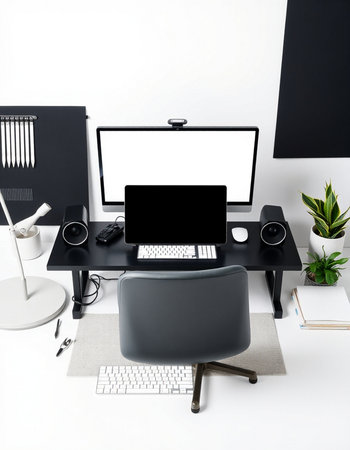 Modern workplace with blank screen computer on table. Mock up, 3D Rendering