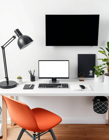 Modern workspace with blank screen computer and office supplies. 3D Rendering
