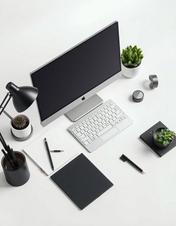Modern workspace with blank computer monitor, stationery and coffee cup on white background. 3d...