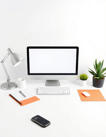 Modern workspace with blank screen computer, keyboard, mouse, coffee cup and other items. Mock up,...