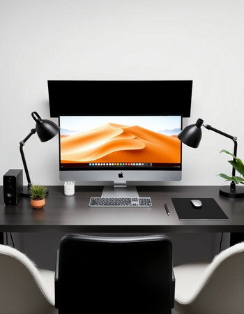 Modern workspace with computer and mouse on the table. 3d render