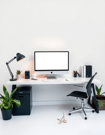 workplace with computer, lamp and stationery on white wall backgroundの写真素材