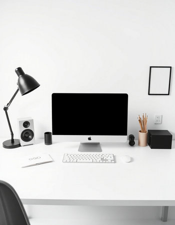 Modern workplace with blank computer screen, supplies and coffee cup on white table. Mock up, 3D...