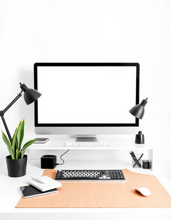 Workplace with computer and stationery on table against white wall background