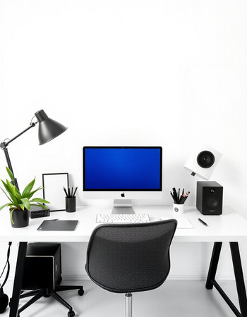 Workplace with computer and stationery on white wall background. 3d rendering.の写真素材