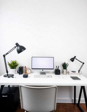 Modern workplace with computer, lamp and other items. Workplace conceptの写真素材