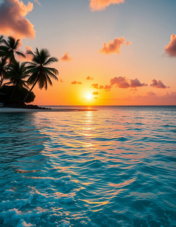 Beautiful tropical beach and sea with coconut palm tree at sunset time - Holiday Vacation conceptの写真素材