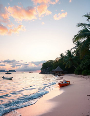 Beautiful sunset on the beach with a boat and palm tree.の写真素材