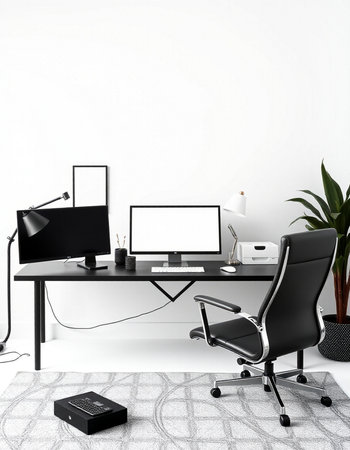 Workplace with computer, chair and lamp. 3d rendering.の写真素材