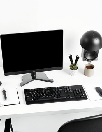 workplace with computer, keyboard, mouse and coffee cup on white background