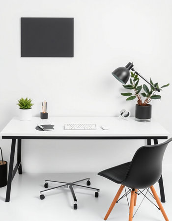 Interior of modern office with white walls, concrete floor, comfortable white computer desk with black chair and plant. 3d renderの写真素材