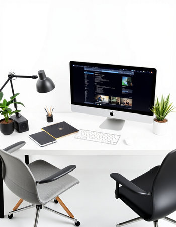 modern office desk with computer, laptop, tablet and chair. 3d renderingの写真素材