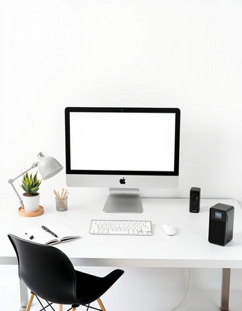 Modern workspace with computer, keyboard, mouse, accessories. Mock up