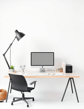 workplace with computer, lamp and other items. 3d rendering