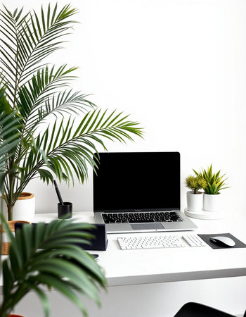 Modern workspace with blank screen laptop computer, coffee cup and plant on white background.