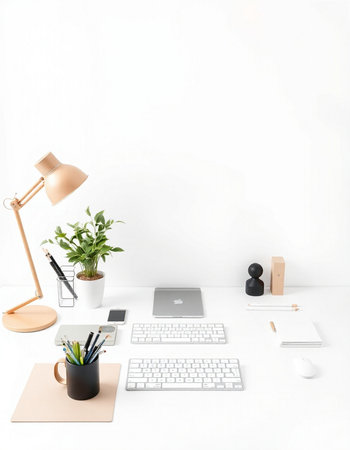 Modern workplace with laptop and stationery on white background. Workplace concept