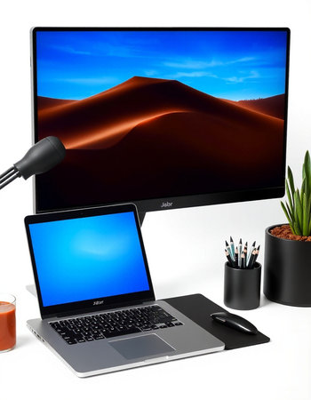 Laptop computer and office supplies on white background.