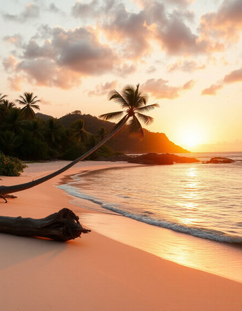 Beautiful tropical beach with palm tree at sunset, Seychellesの写真素材