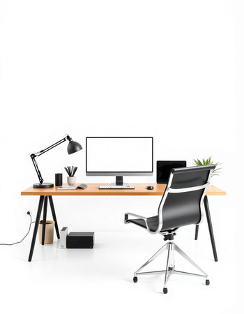 Modern workspace with computer, supplies and coffee cup isolated on white backgroundの写真素材