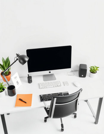 Minimalistic workplace with blank computer screen, stationery and other items. Mock up, 3D Renderingの写真素材