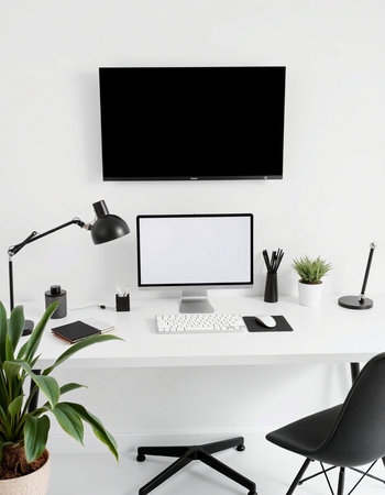 Modern workplace with blank screen computer monitor, supplies and plant on white tableの写真素材