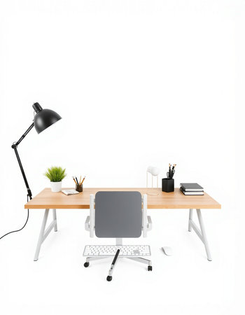 Office desk with computer, lamp and other objects. 3D renderingの写真素材
