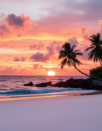 Tropical beach with palm trees at beautiful sunset in Maldives