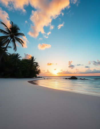 Beautiful tropical beach and sea with coconut palm tree at sunset time - Holiday Vacation conceptの写真素材