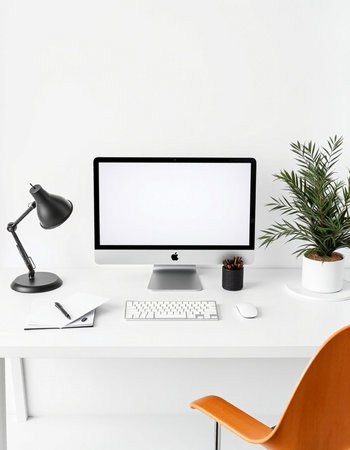 Modern workspace with blank screen computer on white desk. 3d render