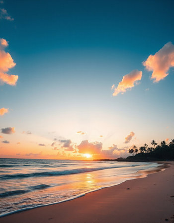 Beautiful sunset on the beach. Colorful sky and sea.の写真素材