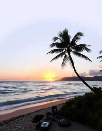 Tropical beach with palm trees and sunset backgroundの写真素材