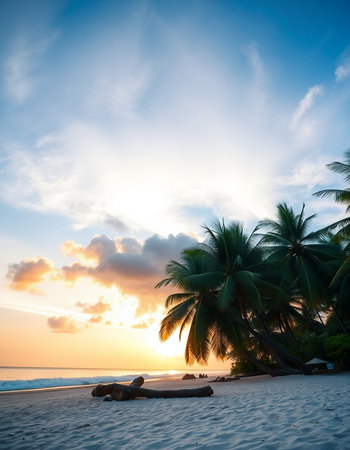 Beautiful tropical beach and sea with coconut palm tree at sunset time - Holiday Vacation conceptの写真素材