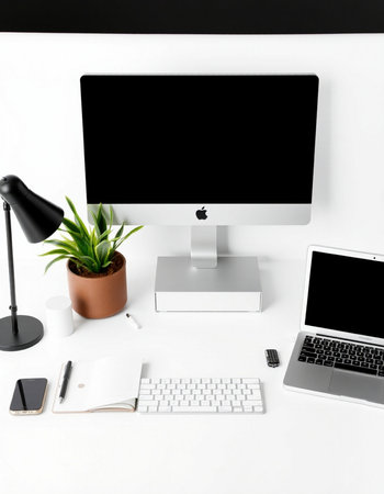 Modern workplace with computer on white background. Flat lay, top view