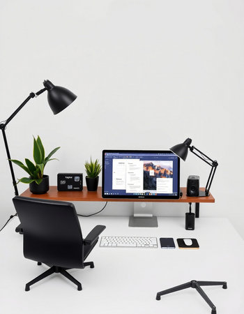 Workplace with computer on table and white wall. 3d rendering.
