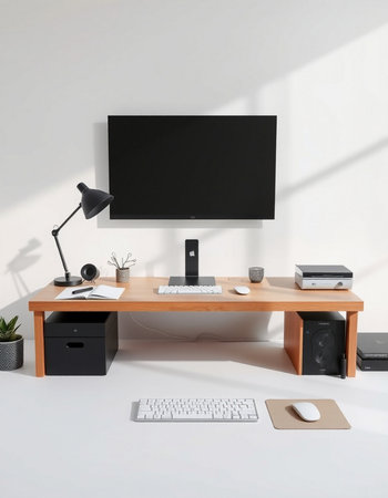 workplace with computer, lamp and other objects in modern office interior