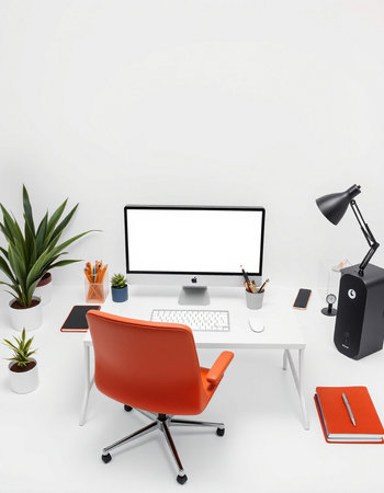 Modern workspace with computer, supplies and accessories. Mock up, 3D Rendering