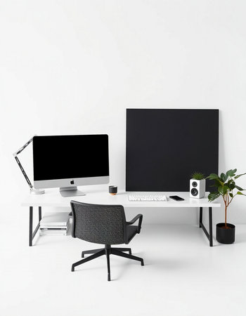 Modern office interior with black and white computer monitors, coffee cup and plant. 3D Rendering