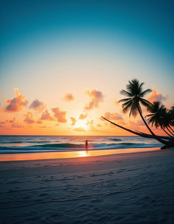 Coconut palm trees on the sandy beach at beautiful sunset.