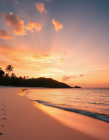 Beautiful sunset on the beach with palm trees and sun rays.の写真素材