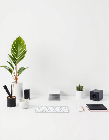 Minimal workspace with computer, stationery and plant on white backgroundの写真素材