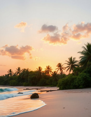 Tropical beach with palm trees at sunset.