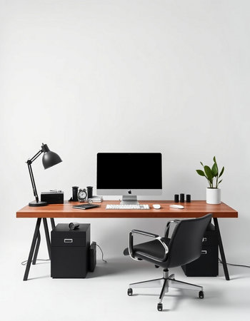 Workplace with a computer, a chair, a lamp and a plant. 3d renderingの写真素材