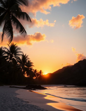 Beautiful sunset on the beach with palm trees. Seychellesの写真素材